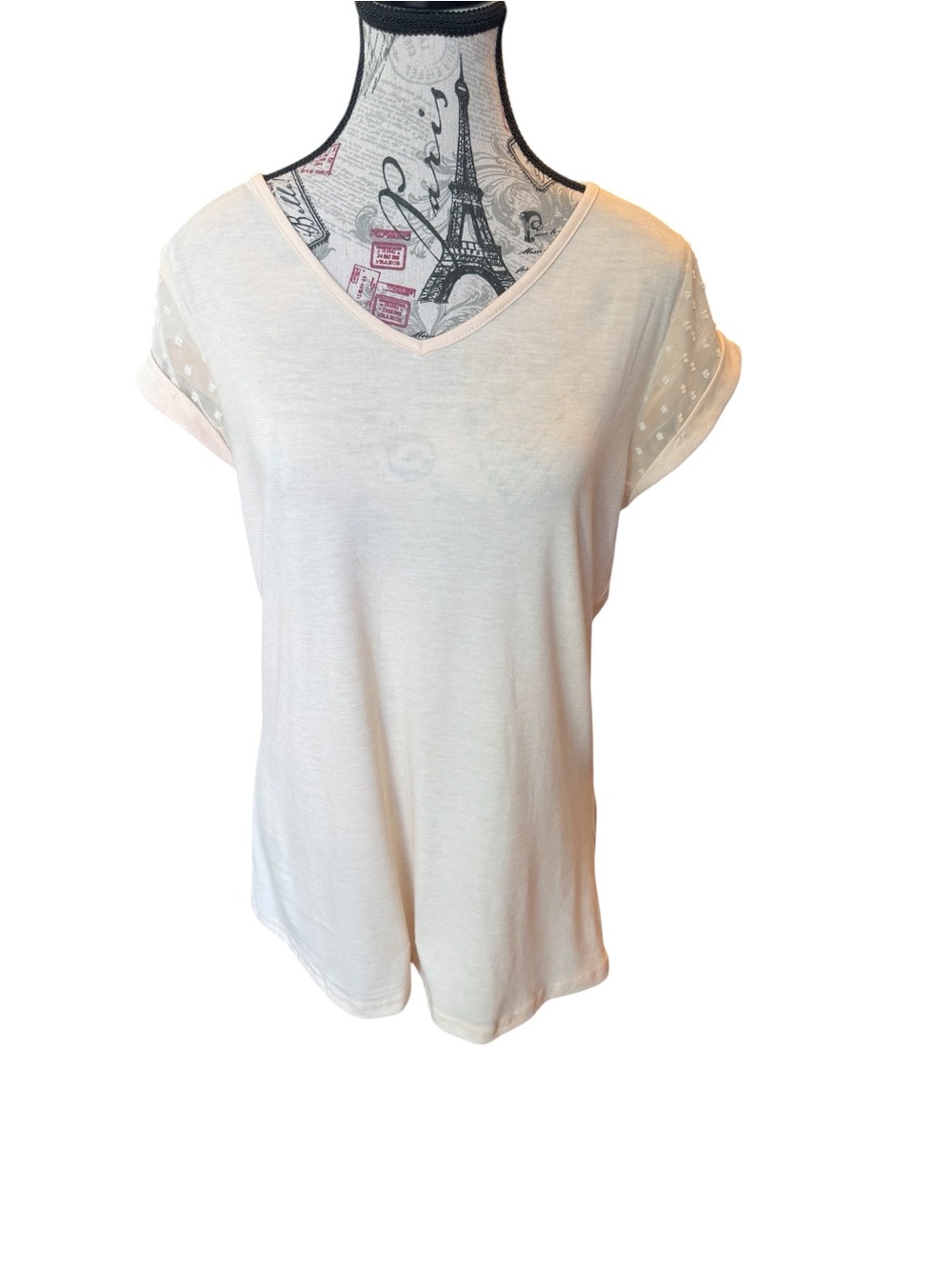 Women's Cream V-Neck Short Sleeve Tee with Sheer Dot Sleeves